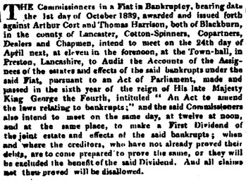 Bankruptcy proceedings: Arthur Cort & Thomas Harrison, London Gazette 24th March 1840.