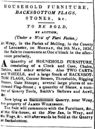 Sale of a debtor quarryman's goods, listing quarry products, 1836
